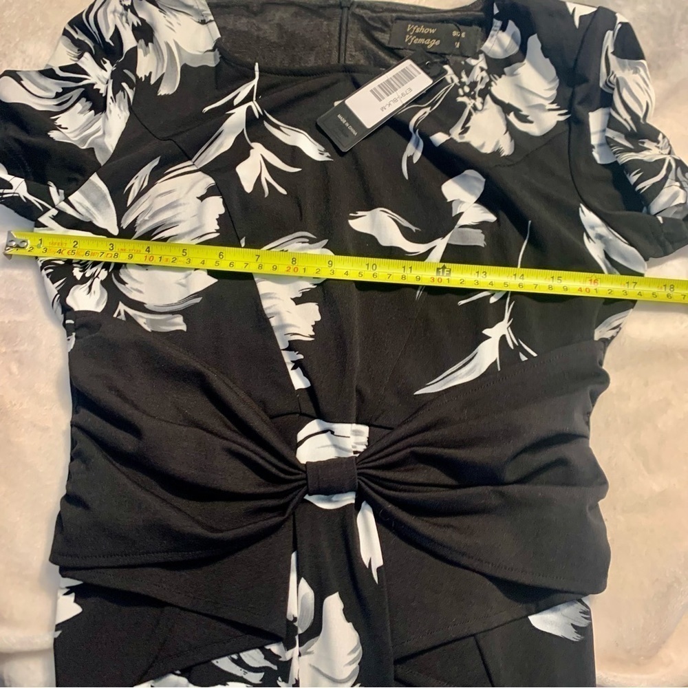 NWT VfEmage Dress Med Black White Floral Short Sleeve Black Bow at Waist Midi - Picture 15 of 16